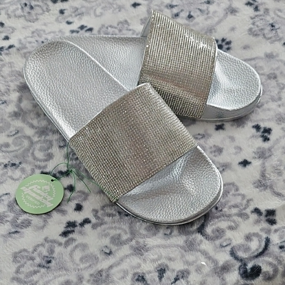 Silver Slide Sandals with Shimmering Strap
